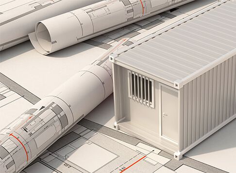 Containermodell auf Konzeptzeichnungen